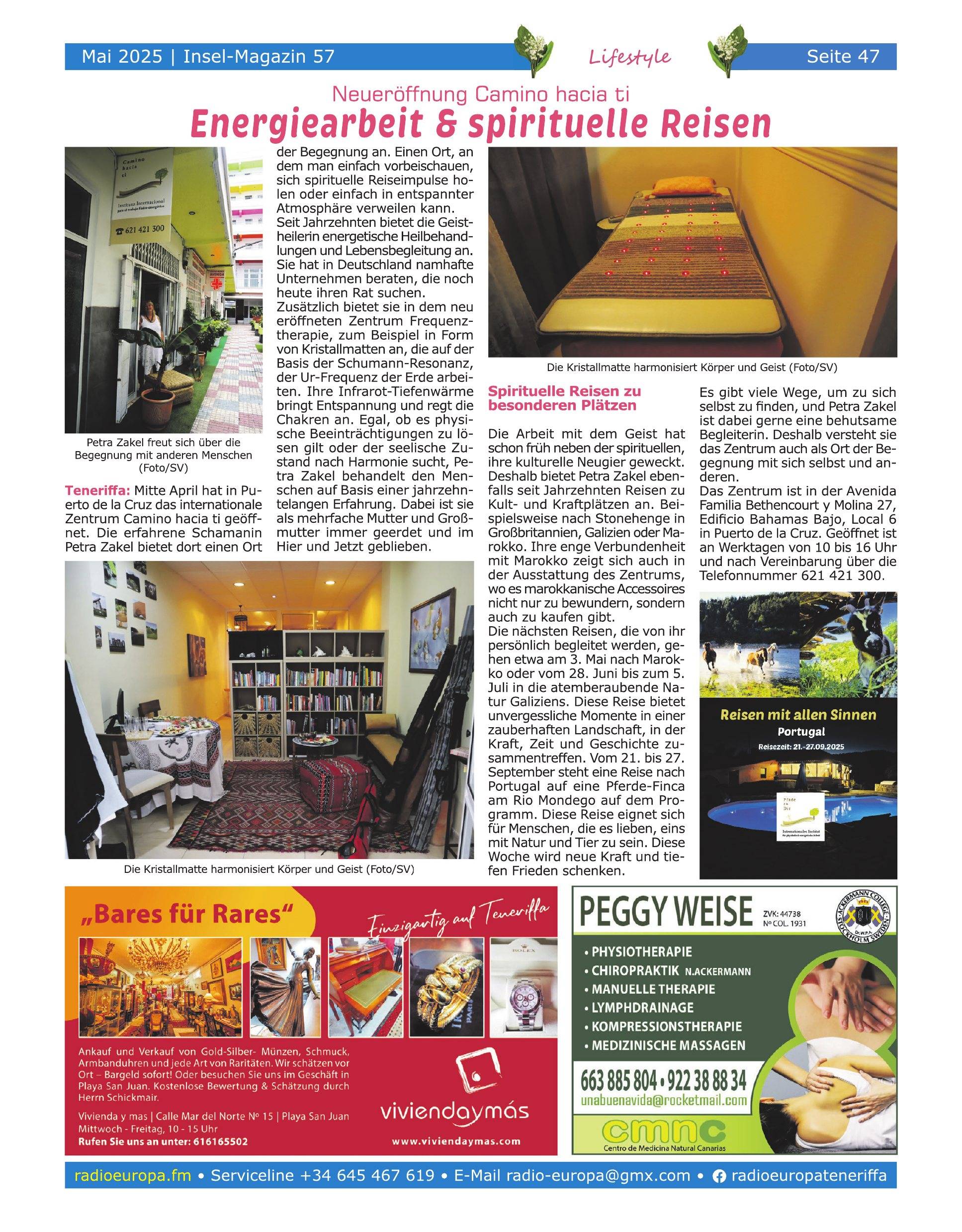 Neueröffnung Camino hacia ti — Energiearbeit & spirituelle Reisen — Insel Magazin, Ausgabe 57, Mai 2025, Seite 1